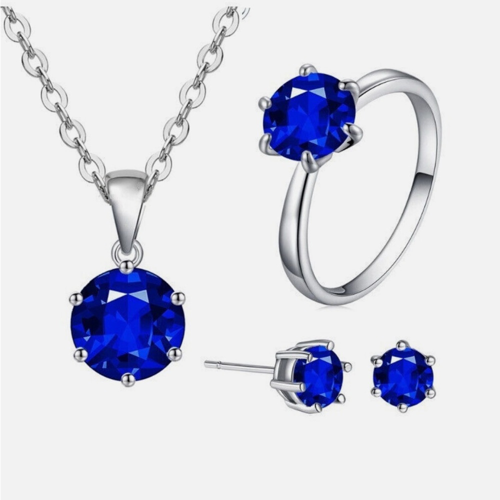 Sterling Silver Crystal Statement Necklace Earring set Lab grown sapphire Ring 7